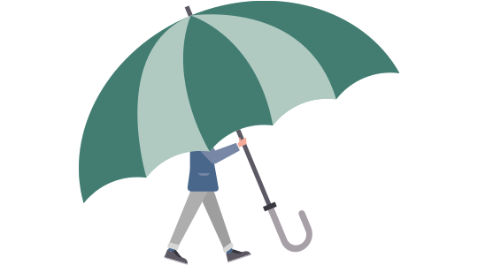 Cartoon man standing under large umbrella