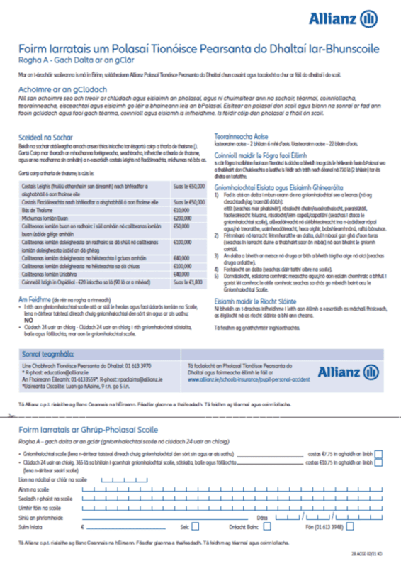 secondary school pupil personal accident application form part A in Irish