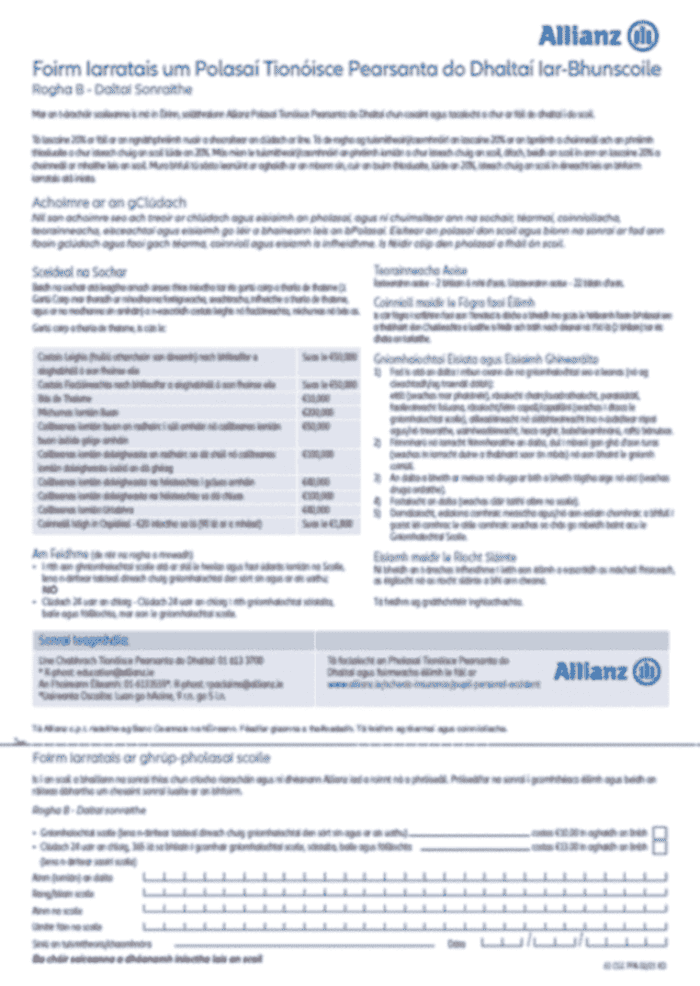 secondary school pupil personal accident application form part B in Irish