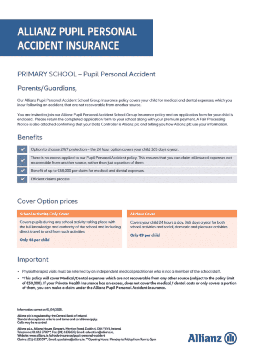 Primary school pupil personal accident parents/guardian letter