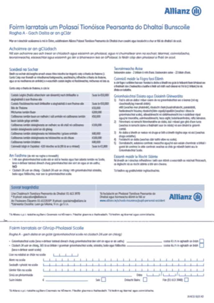 Primary school pupil personal accident application form part a in Irish