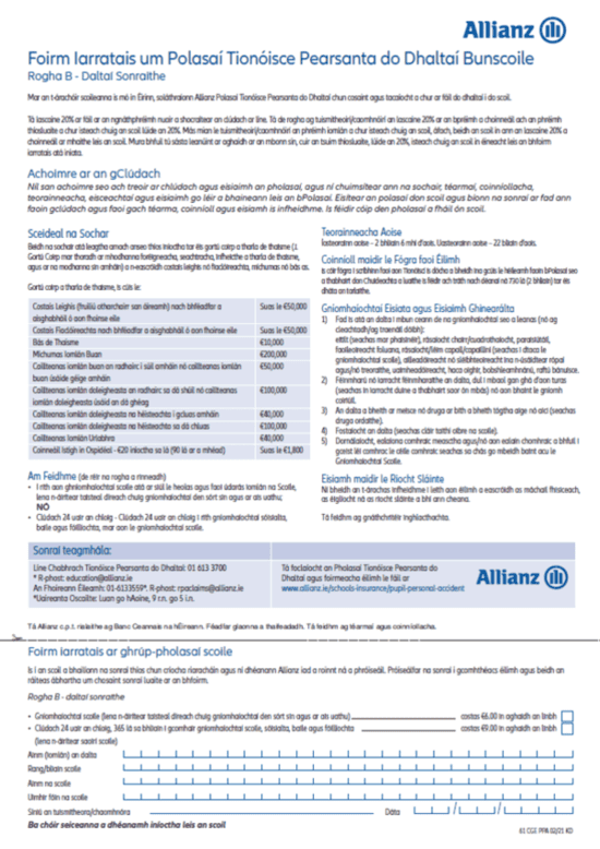 Primary school pupil personal accident application form part b in Irish