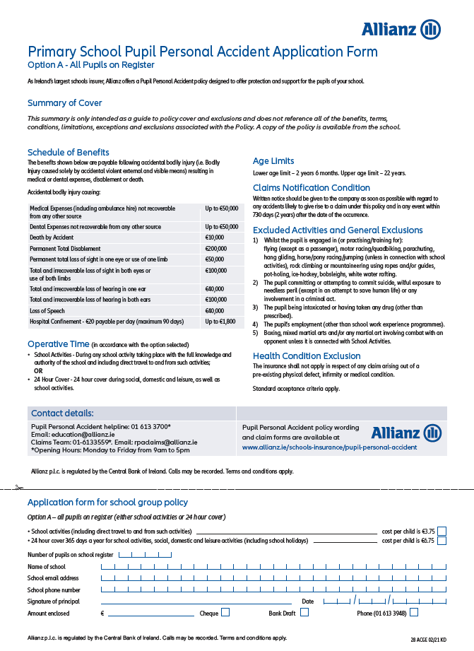 Primary School Option A application form