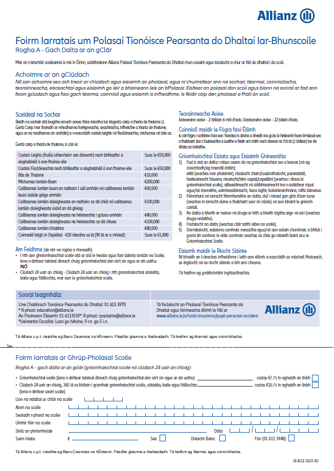 Secondary School Application Form Option A in Irish