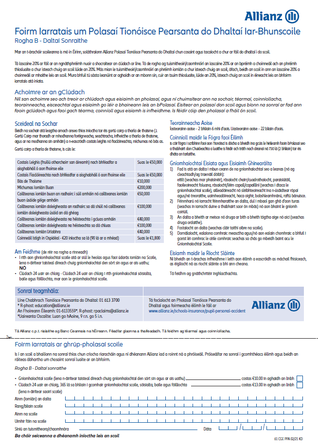 Secondary School Application form option B in Irish