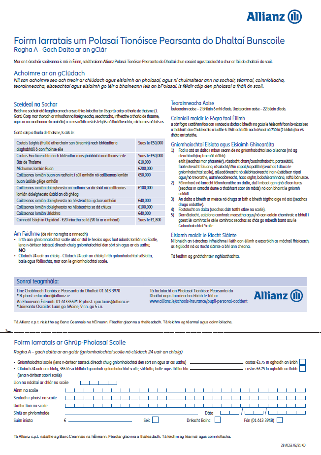 Primary School option A form as Gaeilge